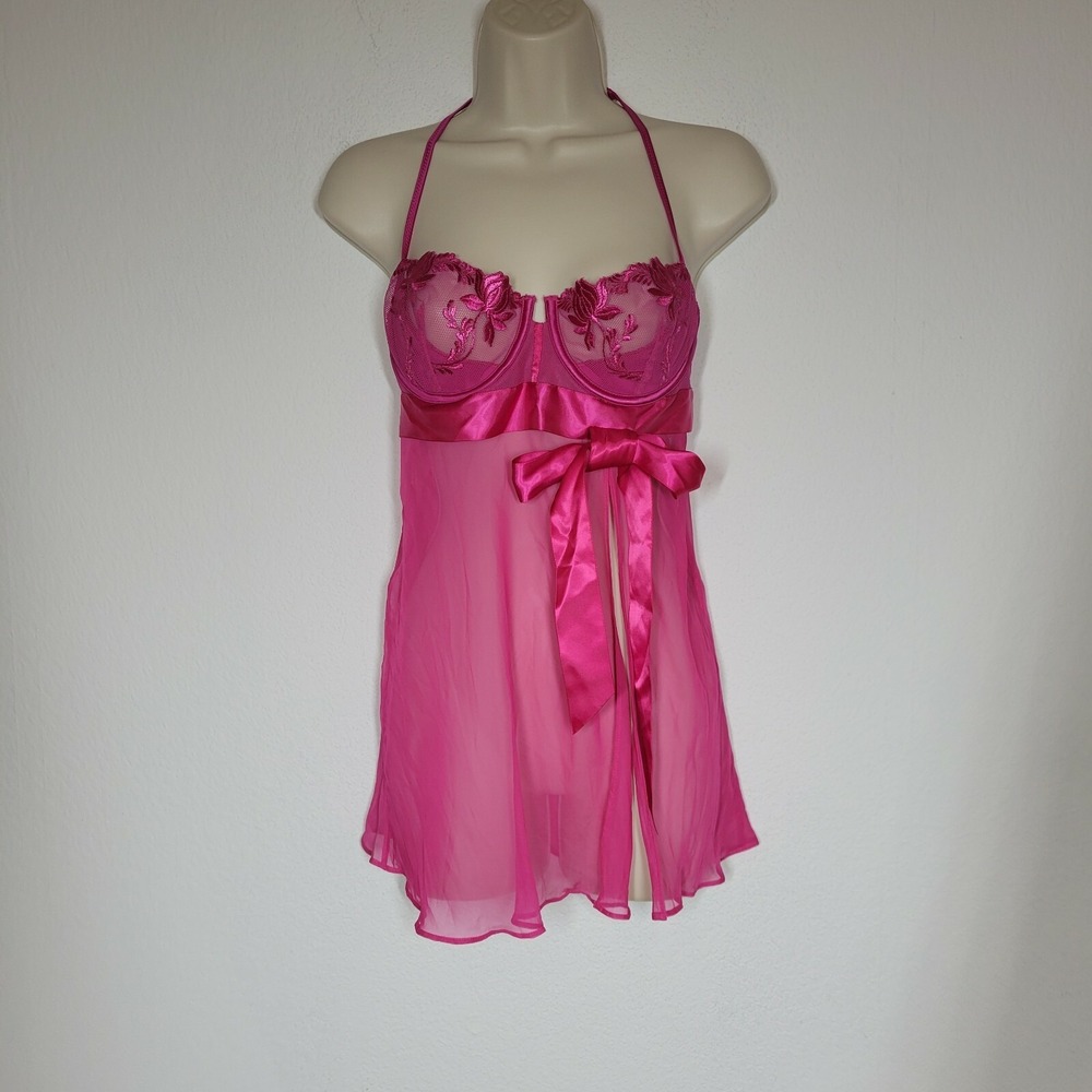 Victorias Secret 34C Pink Babydoll Sheer Lace Nighty Lingerie Coquette Dainty